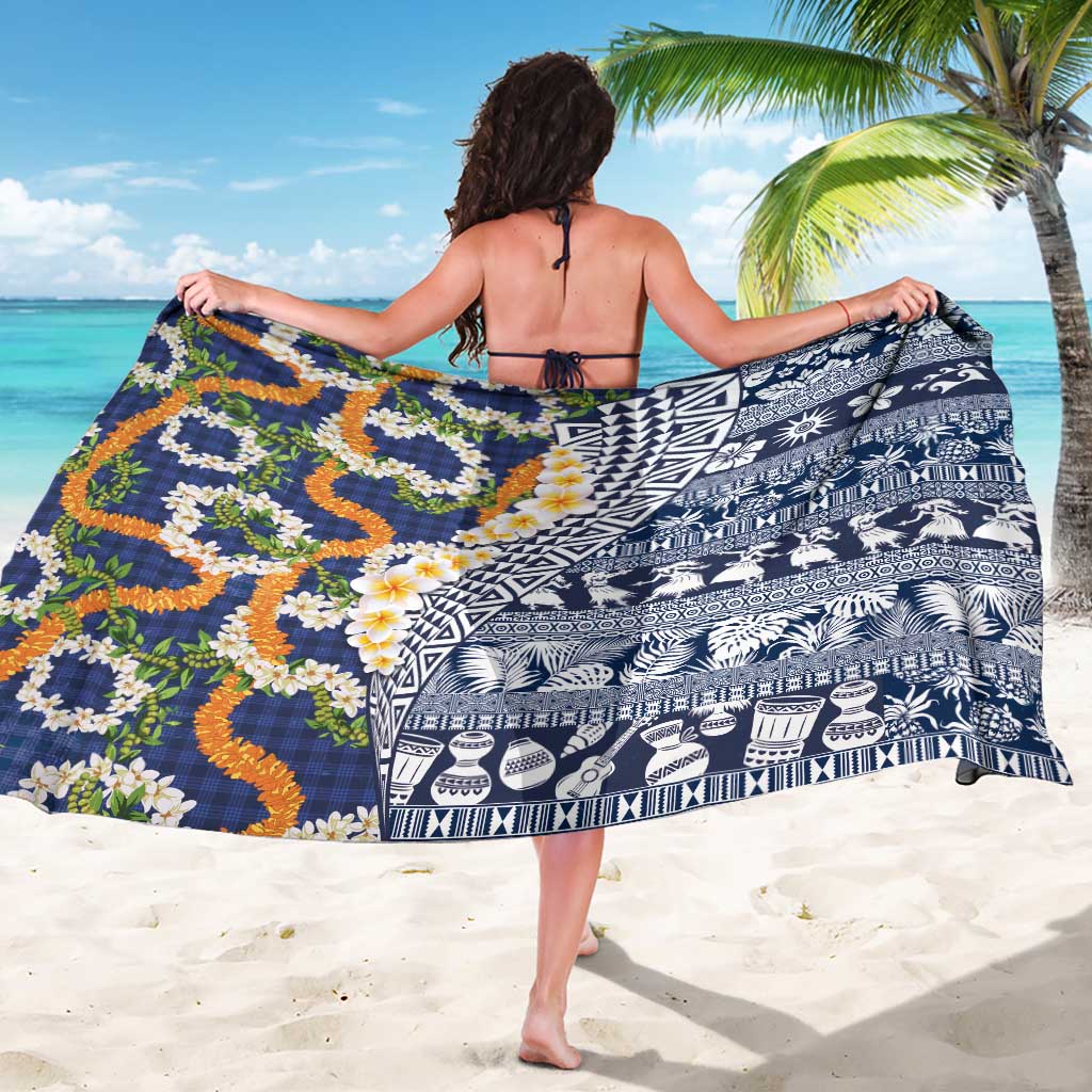 Hawaiian Plumeria Lei Sarong Kakau Motifs and Palaka Half Style Blue Color - Polynesian Pride