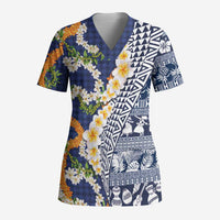 Hawaiian Plumeria Lei Scrub Top Kakau Motifs and Palaka Half Style Blue Color LT03 Adult Blue - Polynesian Pride