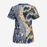Hawaiian Plumeria Lei Scrub Top Kakau Motifs and Palaka Half Style Blue Color LT03 - Polynesian Pride
