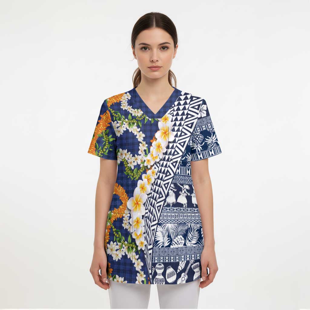 Hawaiian Plumeria Lei Scrub Top Kakau Motifs and Palaka Half Style Blue Color LT03 - Polynesian Pride