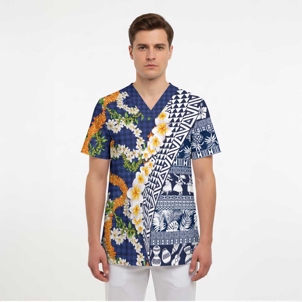Hawaiian Plumeria Lei Scrub Top Kakau Motifs and Palaka Half Style Blue Color LT03 - Polynesian Pride