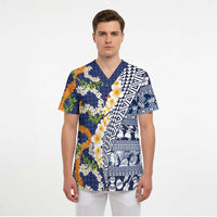 Hawaiian Plumeria Lei Scrub Top Kakau Motifs and Palaka Half Style Blue Color LT03 - Polynesian Pride