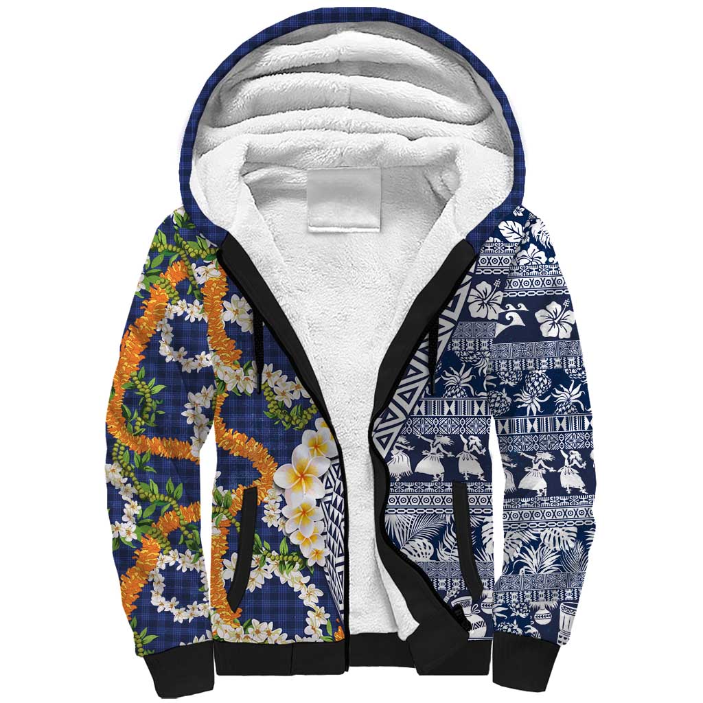 Hawaiian Plumeria Lei Sherpa Hoodie Kakau Motifs and Palaka Half Style Blue Color - Polynesian Pride