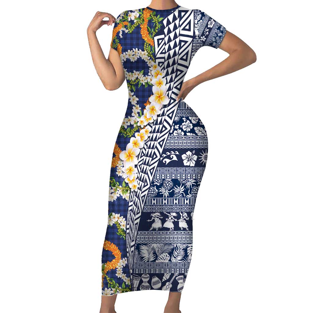 Hawaiian Plumeria Lei Short Sleeve Bodycon Dress Kakau Motifs and Palaka Half Style Blue Color - Polynesian Pride