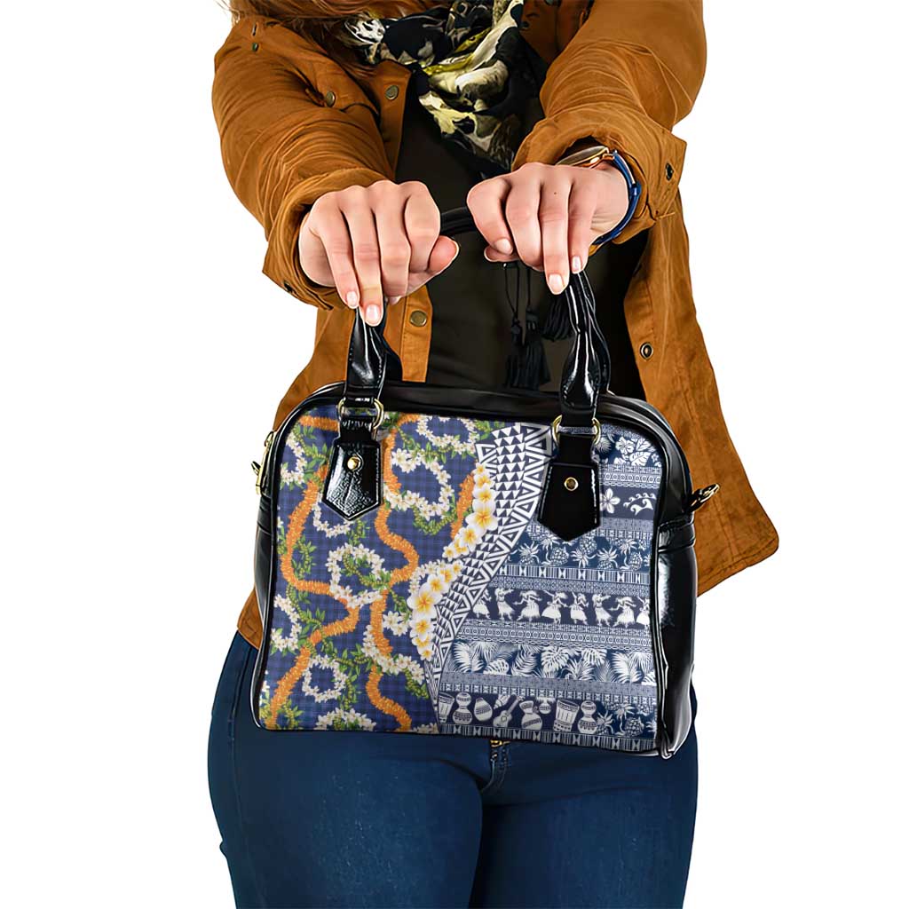 Hawaiian Plumeria Lei Shoulder Handbag Kakau Motifs and Palaka Half Style Blue Color LT03 One Size Blue - Polynesian Pride