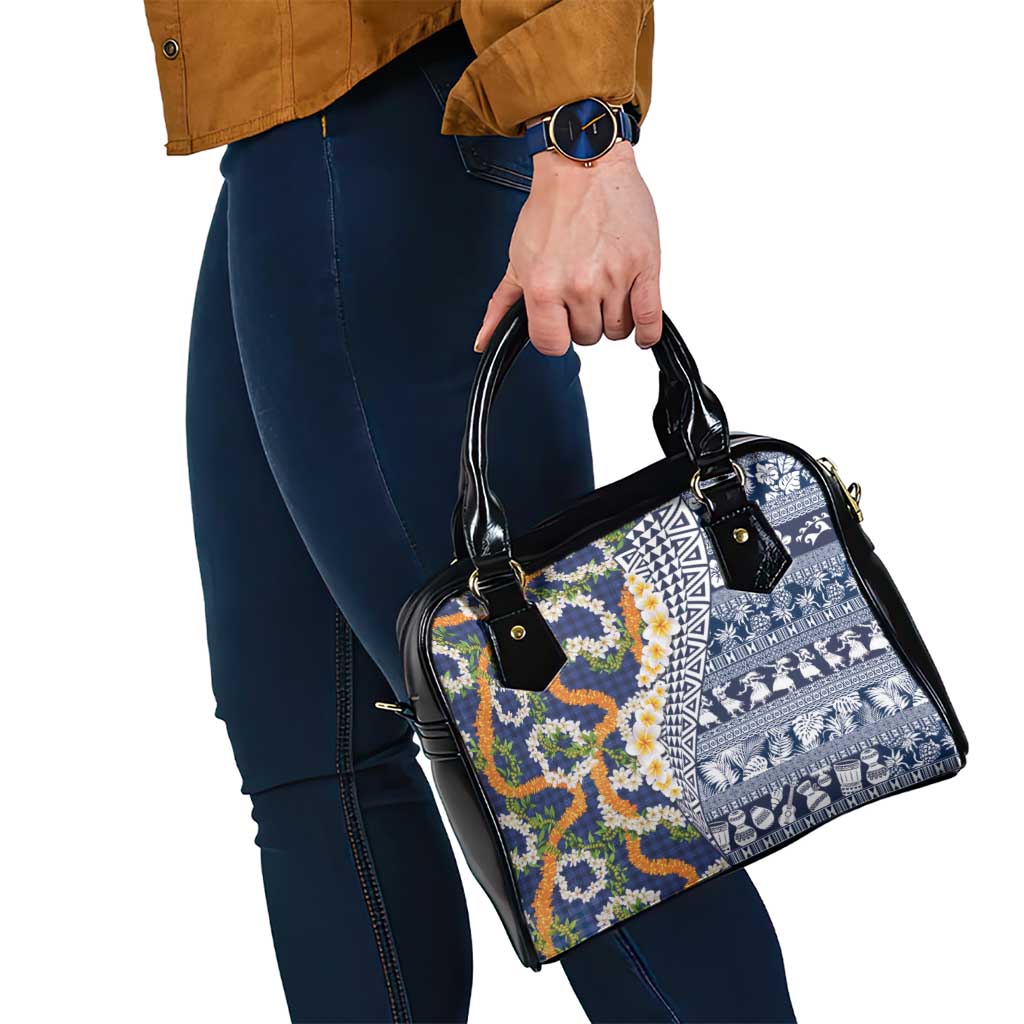 Hawaiian Plumeria Lei Shoulder Handbag Kakau Motifs and Palaka Half Style Blue Color LT03 - Polynesian Pride