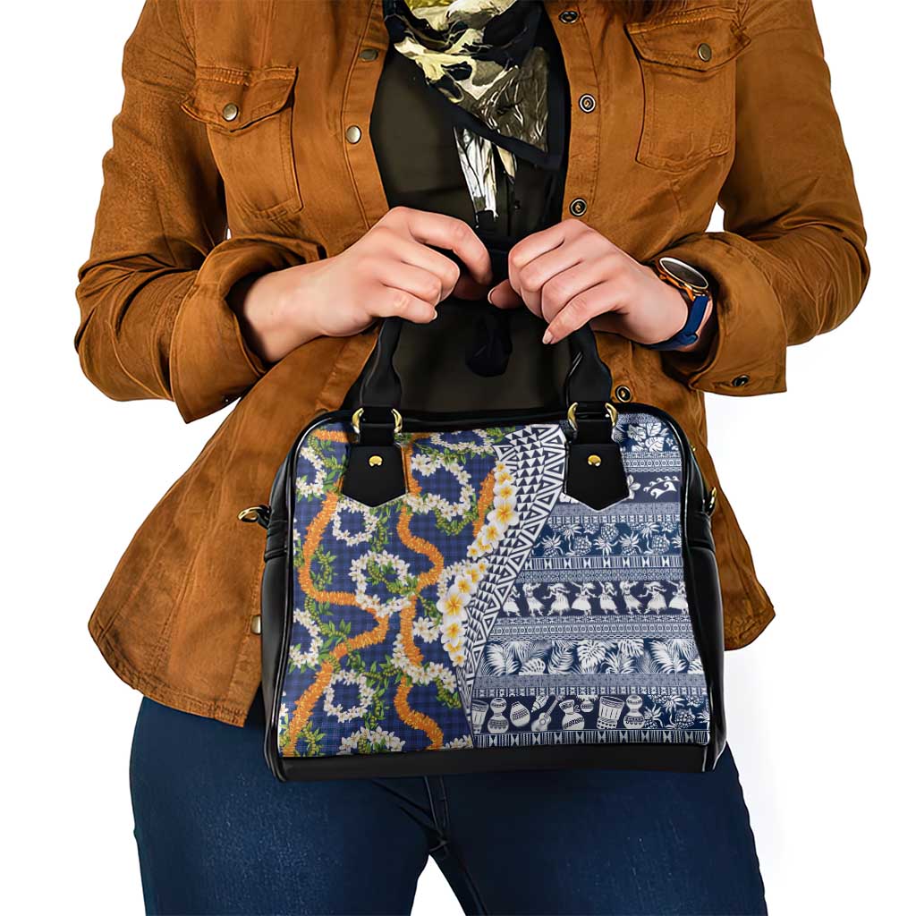 Hawaiian Plumeria Lei Shoulder Handbag Kakau Motifs and Palaka Half Style Blue Color LT03 - Polynesian Pride