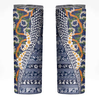 Hawaiian Plumeria Lei Skinny Tumbler Kakau Motifs and Palaka Half Style Blue Color - Polynesian Pride