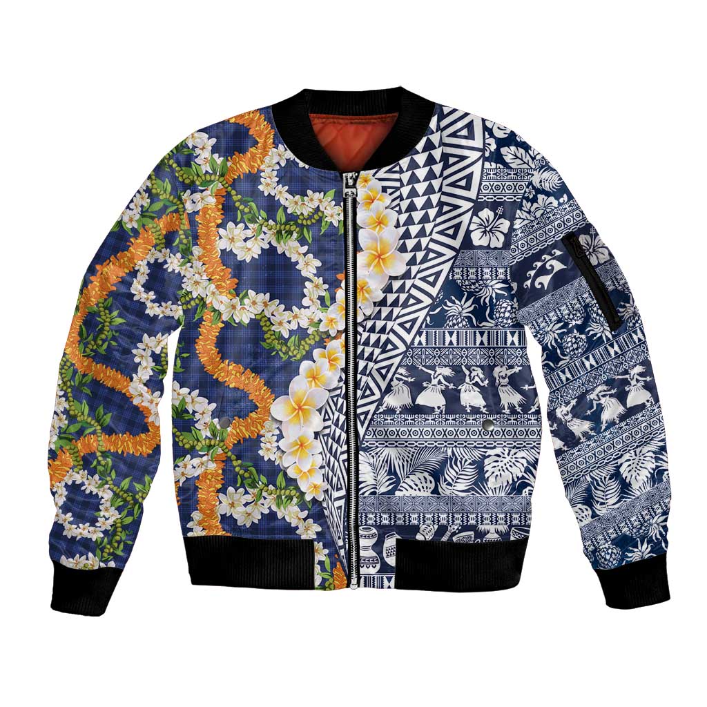 Hawaiian Plumeria Lei Sleeve Zip Bomber Jacket Kakau Motifs and Palaka Half Style Blue Color - Polynesian Pride