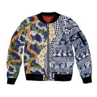 Hawaiian Plumeria Lei Sleeve Zip Bomber Jacket Kakau Motifs and Palaka Half Style Blue Color - Polynesian Pride