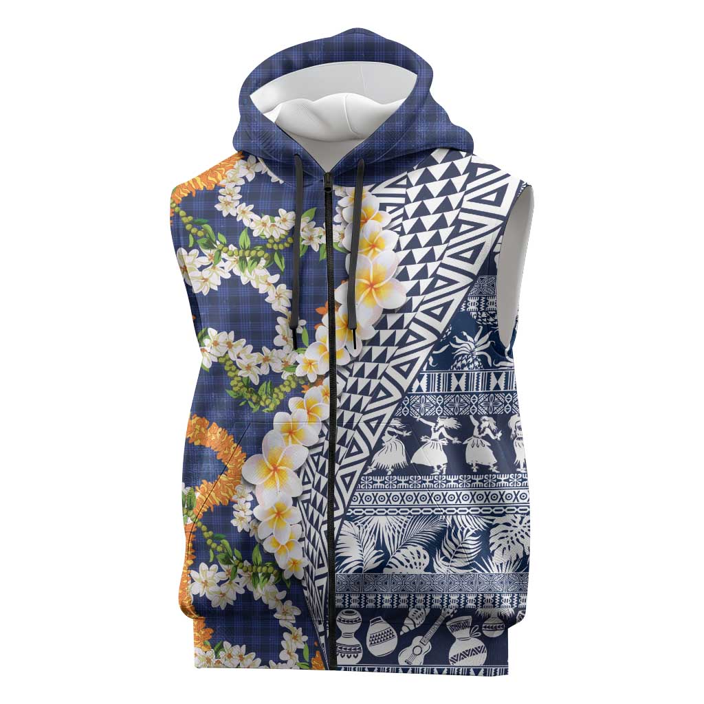 Hawaiian Plumeria Lei Sleeveless Zip Hoodie Kakau Motifs and Palaka Half Style Blue Color LT03 Blue - Polynesian Pride