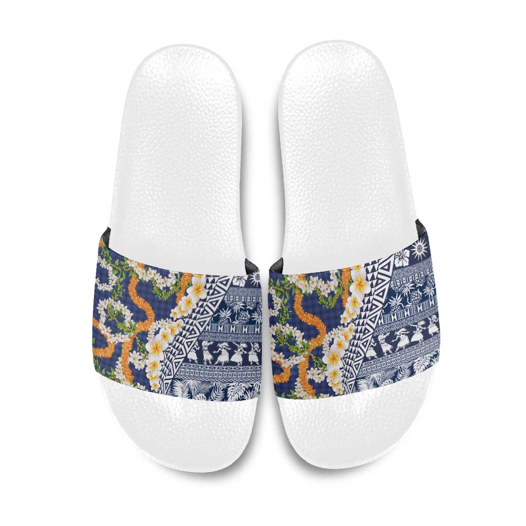 Hawaiian Plumeria Lei Slide Sandals Kakau Motifs and Palaka Half Style Blue Color LT03 Blue - Polynesian Pride