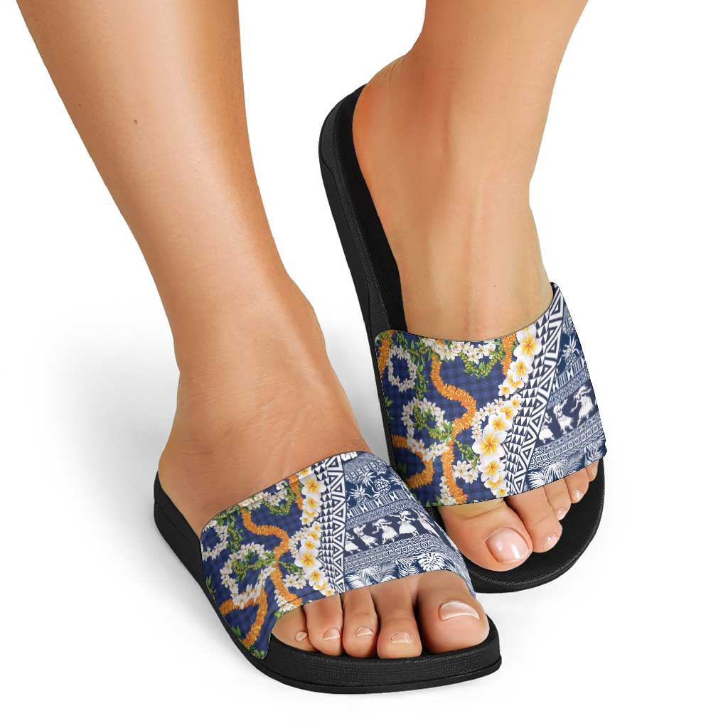 Hawaiian Plumeria Lei Slide Sandals Kakau Motifs and Palaka Half Style Blue Color LT03 - Polynesian Pride