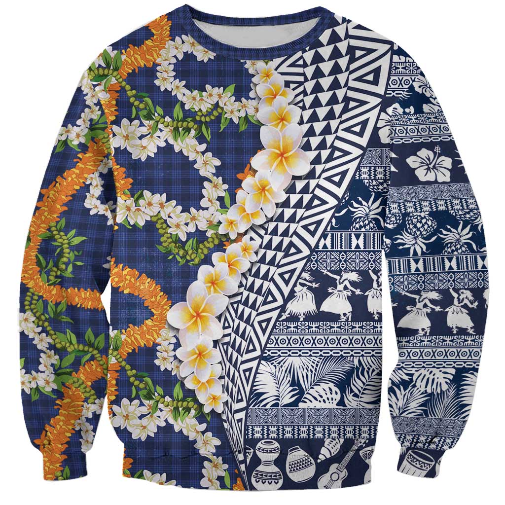 Hawaiian Plumeria Lei Sweatshirt Kakau Motifs and Palaka Half Style Blue Color LT03 Unisex Blue - Polynesian Pride