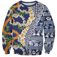 Hawaiian Plumeria Lei Sweatshirt Kakau Motifs and Palaka Half Style Blue Color LT03 Unisex Blue - Polynesian Pride