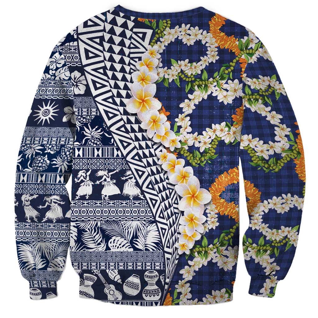 Hawaiian Plumeria Lei Sweatshirt Kakau Motifs and Palaka Half Style Blue Color LT03 - Polynesian Pride