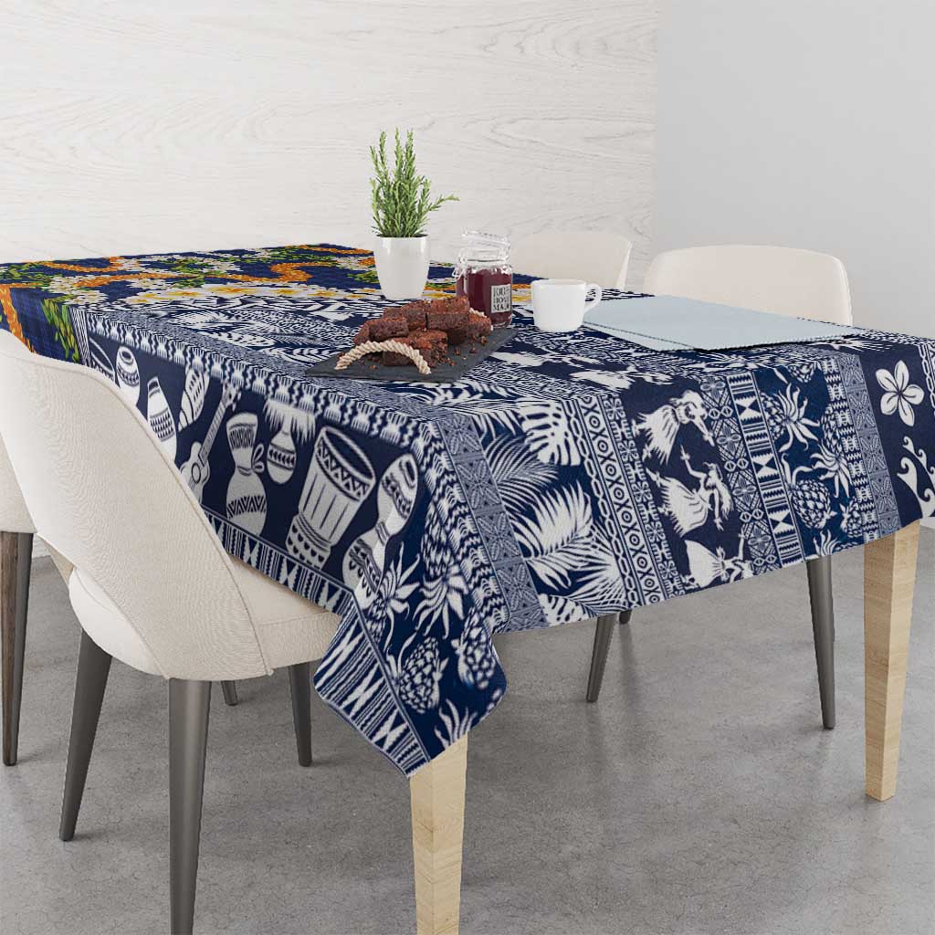 Hawaiian Plumeria Lei Tablecloth Kakau Motifs and Palaka Half Style Blue Color LT03 - Polynesian Pride