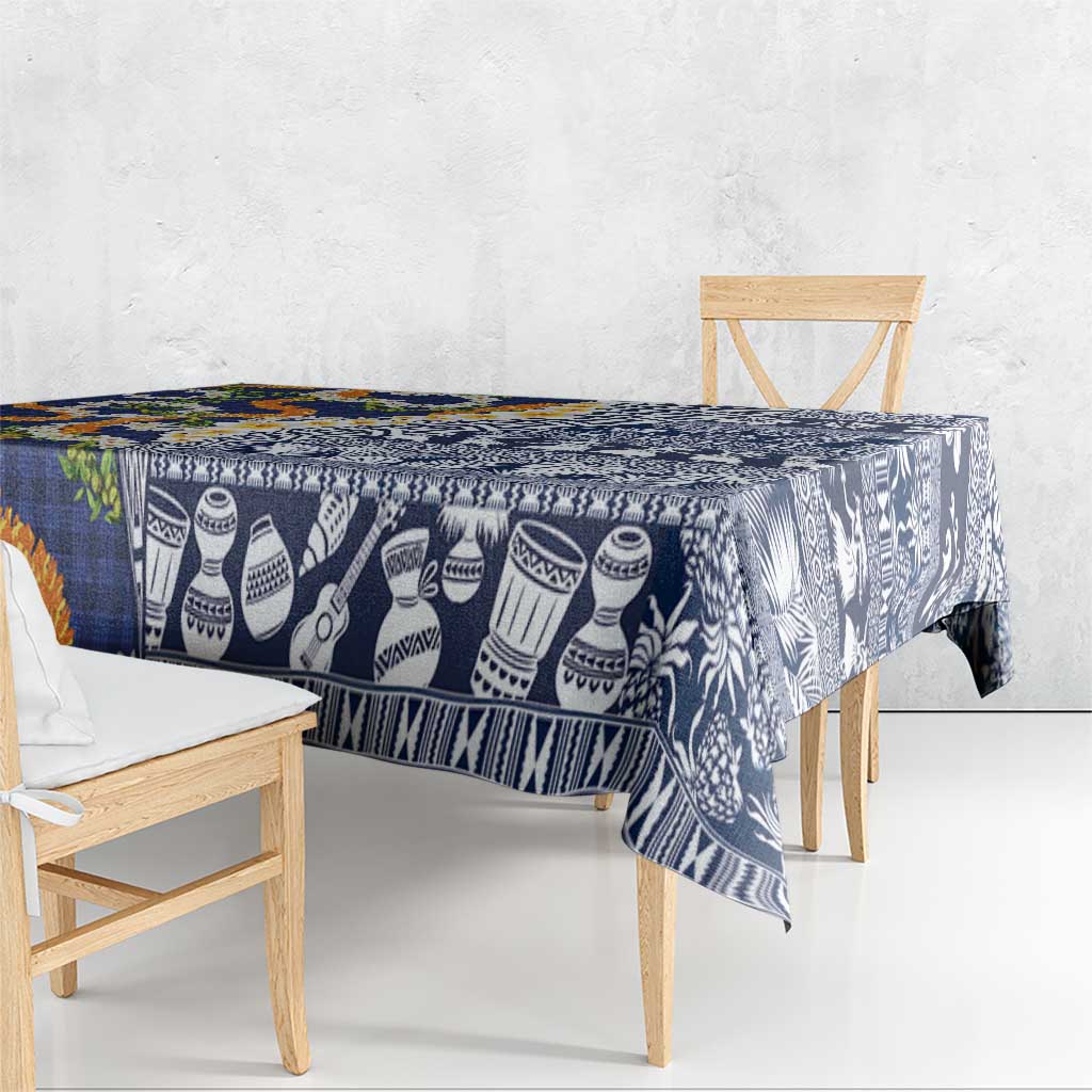 Hawaiian Plumeria Lei Tablecloth Kakau Motifs and Palaka Half Style Blue Color LT03 - Polynesian Pride