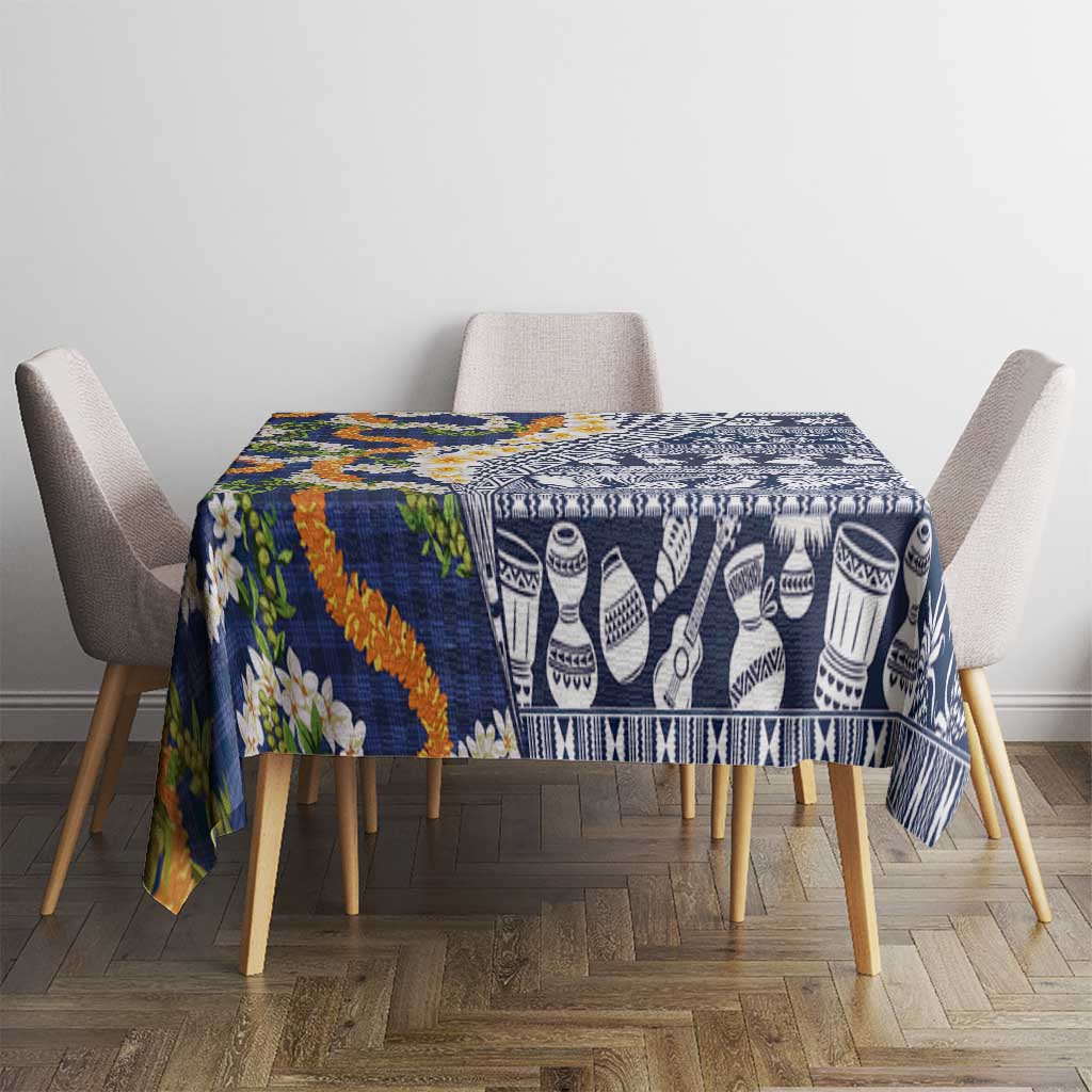 Hawaiian Plumeria Lei Tablecloth Kakau Motifs and Palaka Half Style Blue Color LT03 - Polynesian Pride
