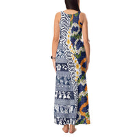 Hawaiian Plumeria Lei Tank Maxi Dress Kakau Motifs and Palaka Half Style Blue Color - Polynesian Pride