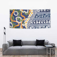 Hawaiian Plumeria Lei Tapestry Kakau Motifs and Palaka Half Style Blue Color - Polynesian Pride