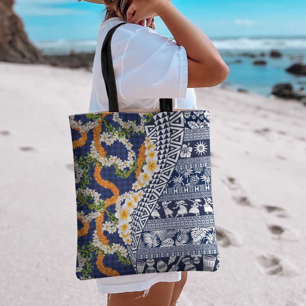 Hawaiian Plumeria Lei Tote Bag Kakau Motifs and Palaka Half Style Blue Color - Polynesian Pride