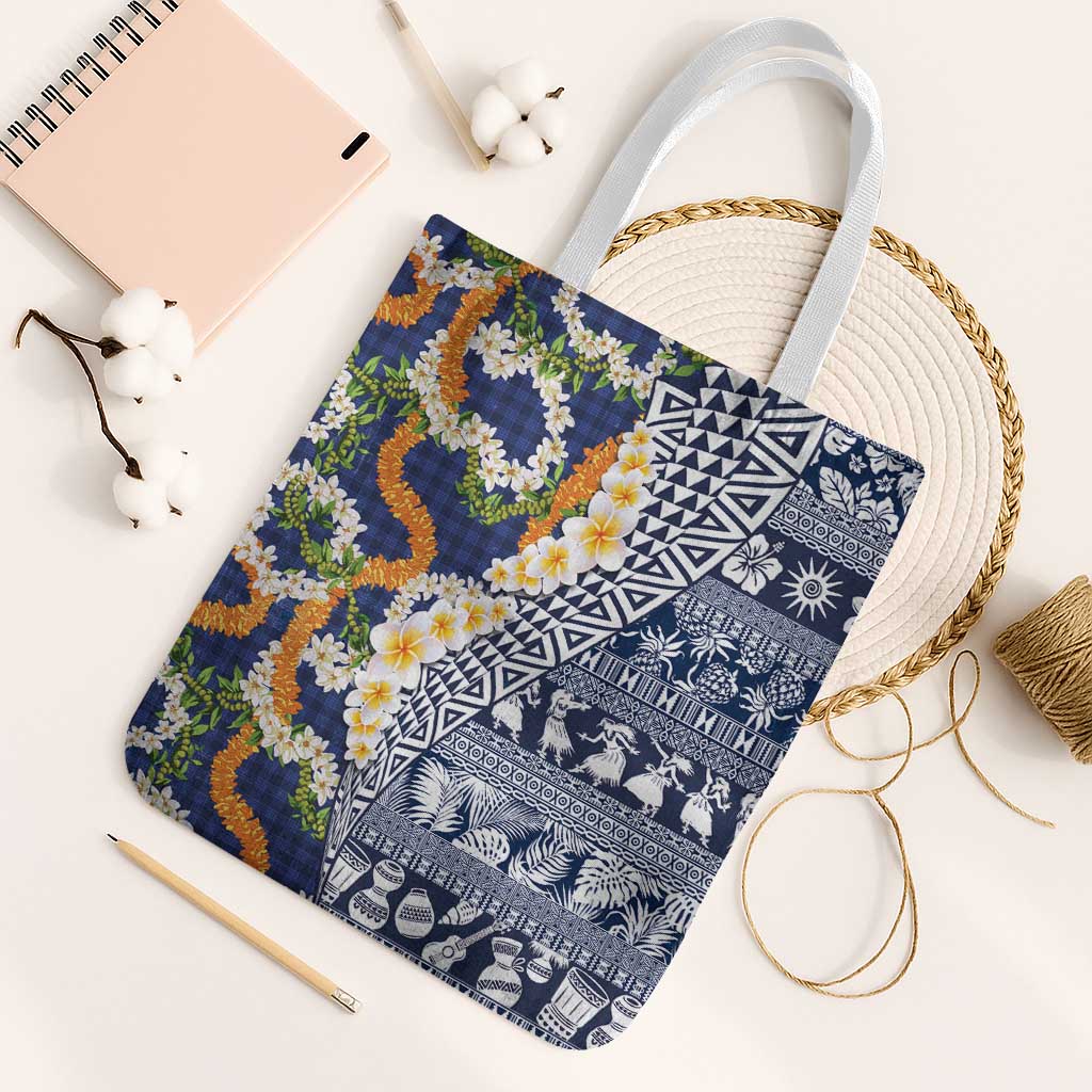 Hawaiian Plumeria Lei Tote Bag Kakau Motifs and Palaka Half Style Blue Color - Polynesian Pride