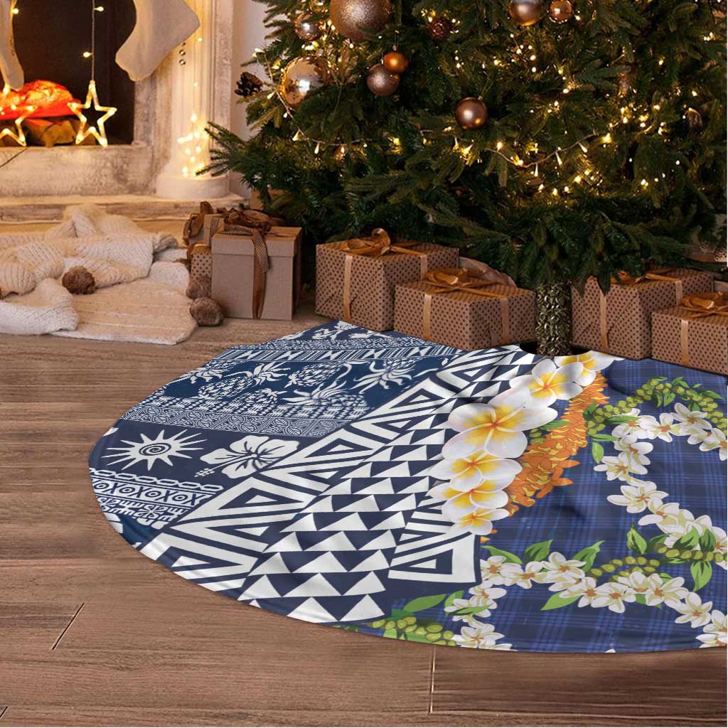 Hawaiian Plumeria Lei Tree Skirt Kakau Motifs and Palaka Half Style Blue Color - Polynesian Pride