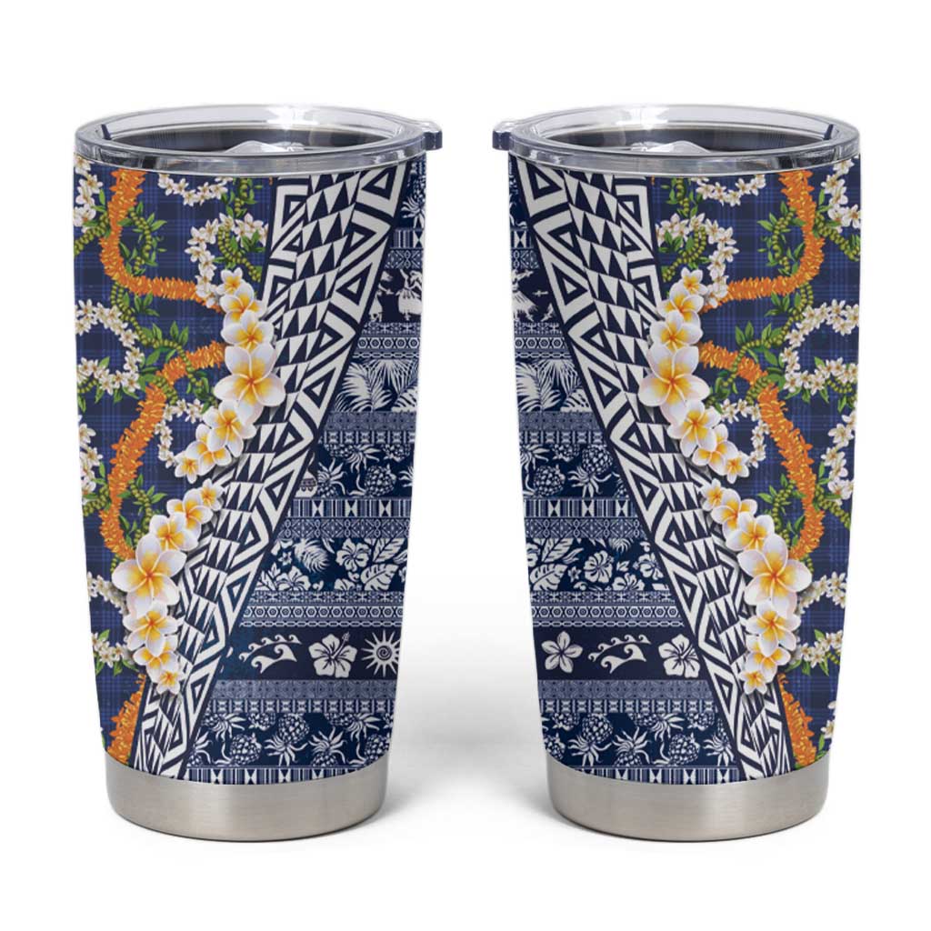 Hawaiian Plumeria Lei Tumbler Cup Kakau Motifs and Palaka Half Style Blue Color - Polynesian Pride