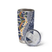 Hawaiian Plumeria Lei Tumbler Cup Kakau Motifs and Palaka Half Style Blue Color - Polynesian Pride