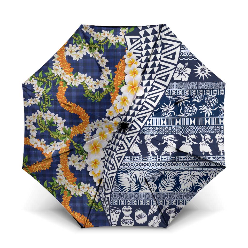 Hawaiian Plumeria Lei Umbrella Kakau Motifs and Palaka Half Style Blue Color LT03 One Size Folded 11.42 inch Opened Diameter 37.4 inch Blue - Polynesian Pride