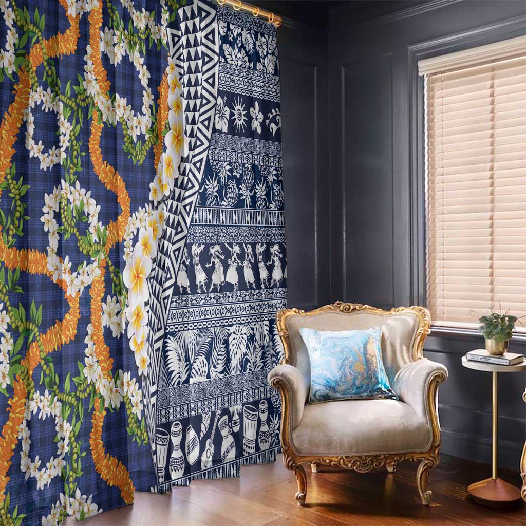 Hawaiian Plumeria Lei Window Curtain Kakau Motifs and Palaka Half Style Blue Color - Polynesian Pride