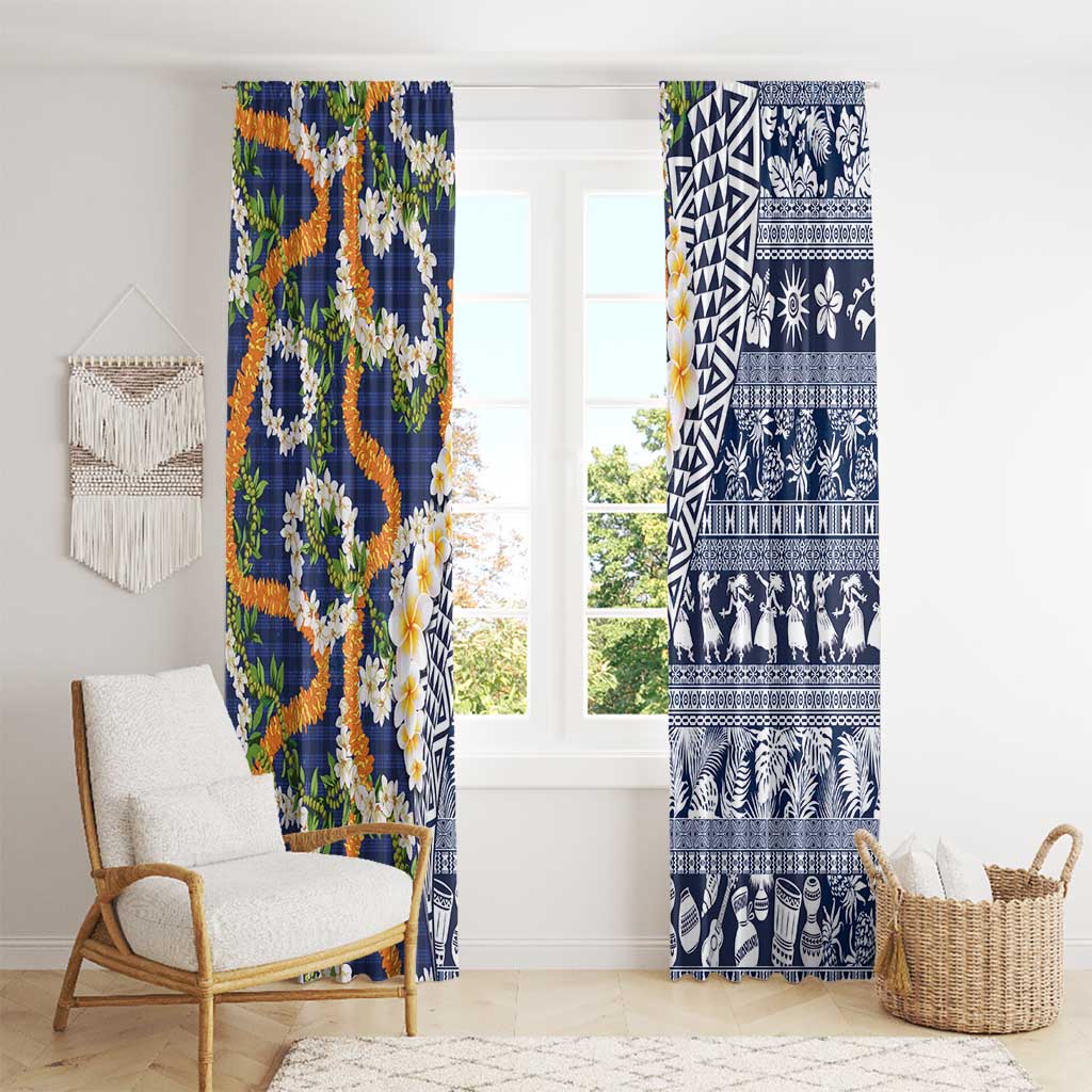 Hawaiian Plumeria Lei Window Curtain Kakau Motifs and Palaka Half Style Blue Color - Polynesian Pride
