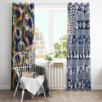 Hawaiian Plumeria Lei Window Curtain Kakau Motifs and Palaka Half Style Blue Color - Polynesian Pride