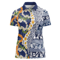 Hawaiian Plumeria Lei Women Polo Shirt Kakau Motifs and Palaka Half Style Blue Color - Polynesian Pride