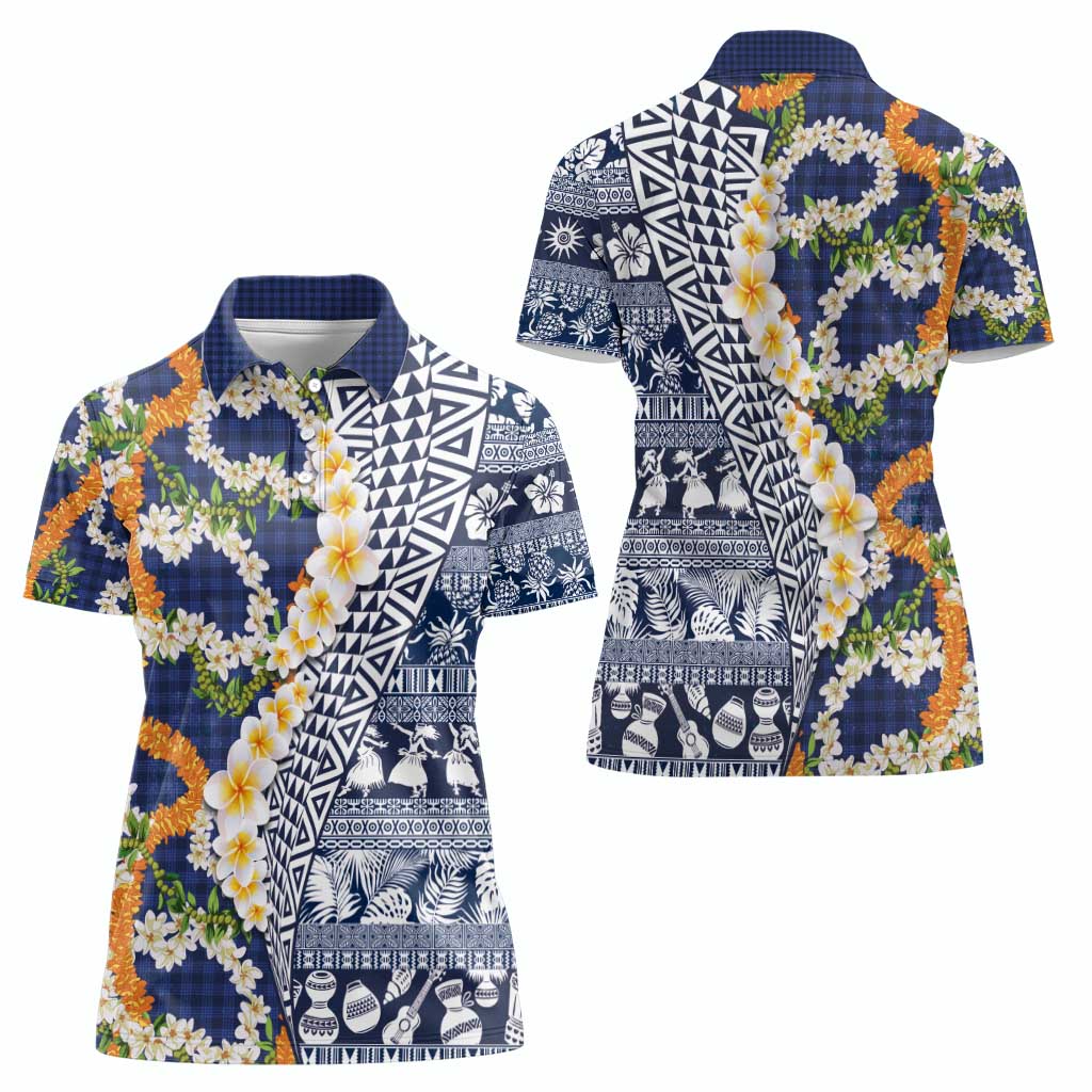 Hawaiian Plumeria Lei Women Polo Shirt Kakau Motifs and Palaka Half Style Blue Color - Polynesian Pride