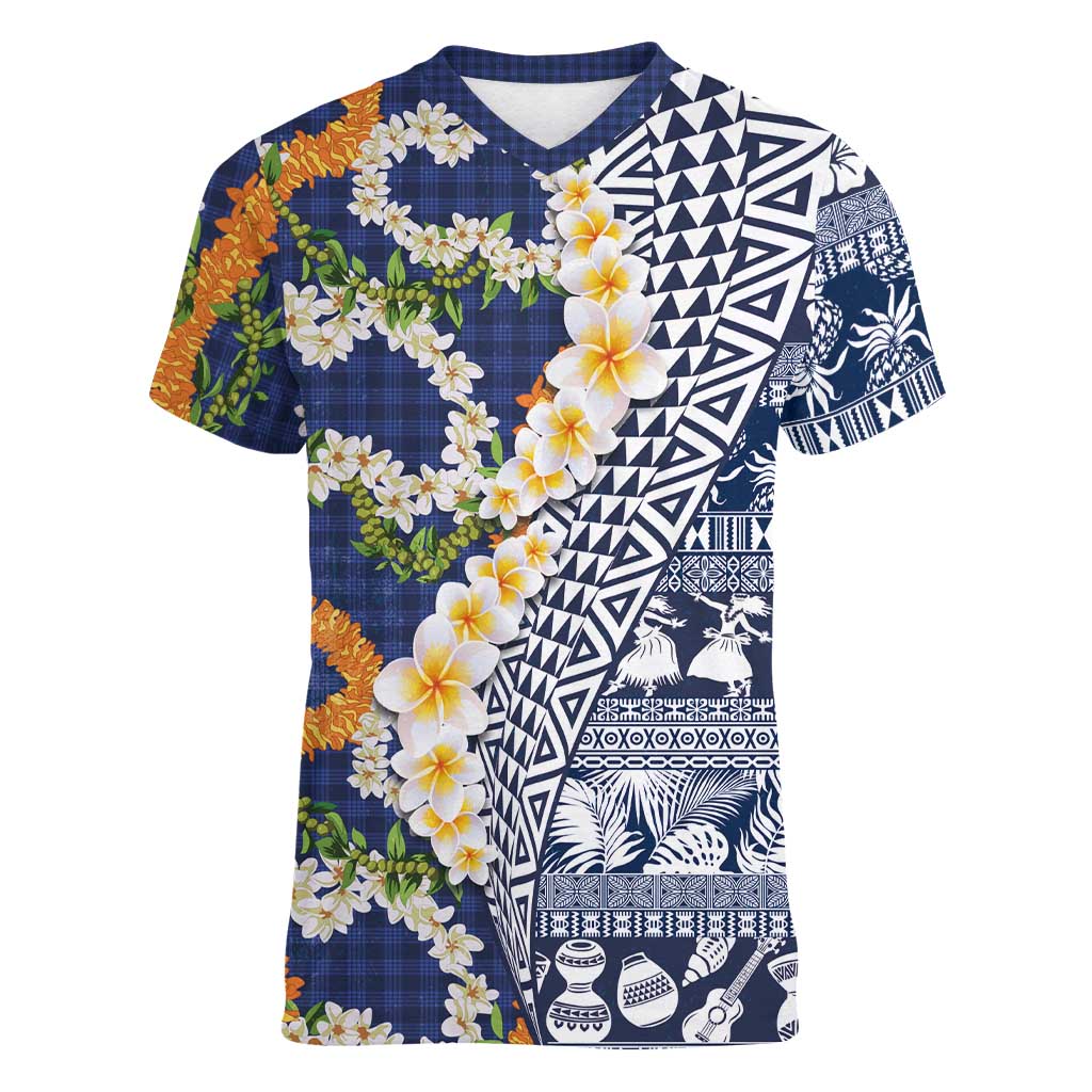 Hawaiian Plumeria Lei Women V-Neck T-Shirt Kakau Motifs and Palaka Half Style Blue Color - Polynesian Pride