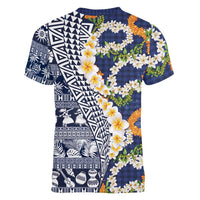 Hawaiian Plumeria Lei Women V-Neck T-Shirt Kakau Motifs and Palaka Half Style Blue Color - Polynesian Pride
