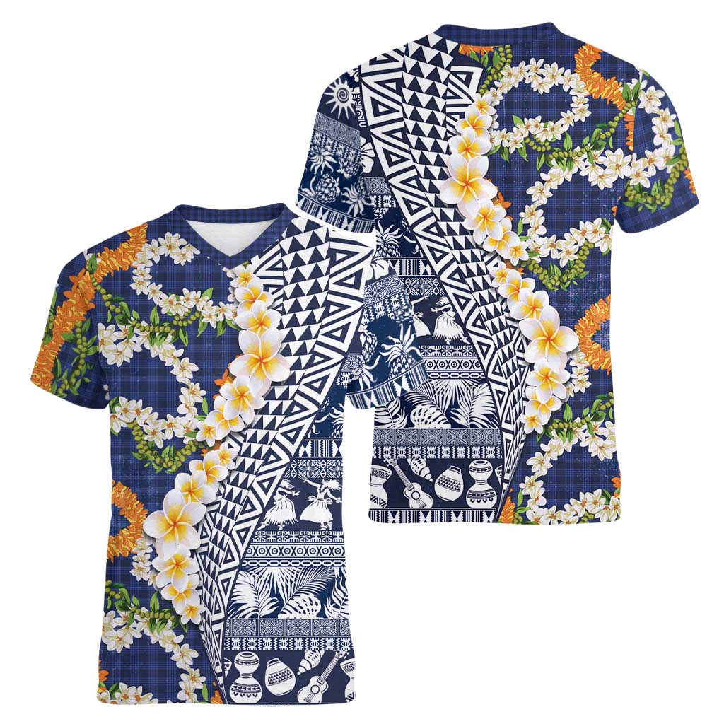 Hawaiian Plumeria Lei Women V-Neck T-Shirt Kakau Motifs and Palaka Half Style Blue Color - Polynesian Pride