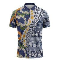 Hawaiian Plumeria Lei Zipper Polo Shirt Kakau Motifs and Palaka Half Style Blue Color - Polynesian Pride