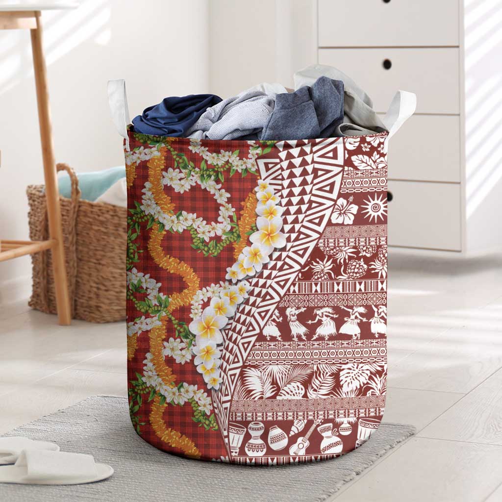 Hawaiian Plumeria Lei Laundry Basket Kakau Motifs and Palaka Half Style Red Color LT03 Red - Polynesian Pride