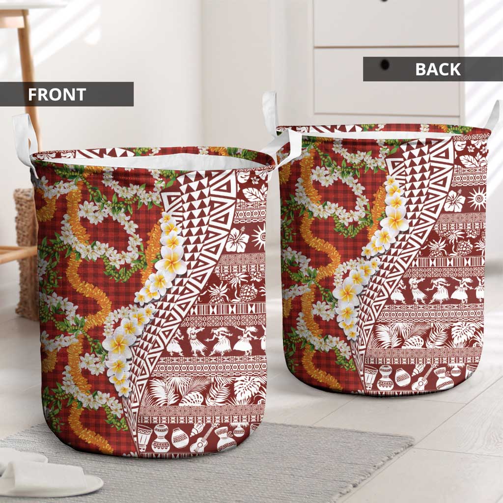Hawaiian Plumeria Lei Laundry Basket Kakau Motifs and Palaka Half Style Red Color - Polynesian Pride
