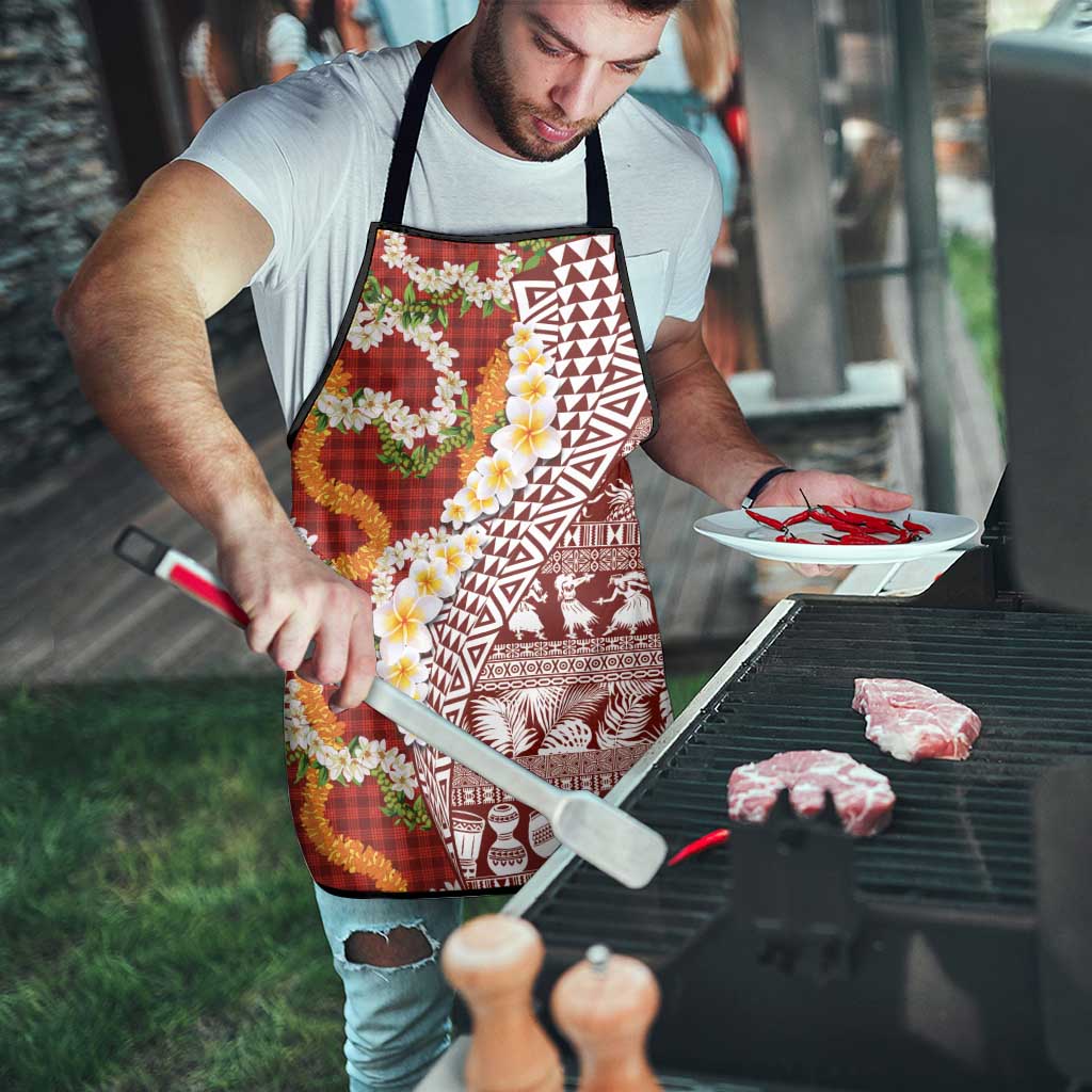 Hawaiian Plumeria Lei Apron Kakau Motifs and Palaka Half Style Red Color - Polynesian Pride