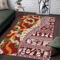 Hawaiian Plumeria Lei Area Rug Kakau Motifs and Palaka Half Style Red Color - Polynesian Pride