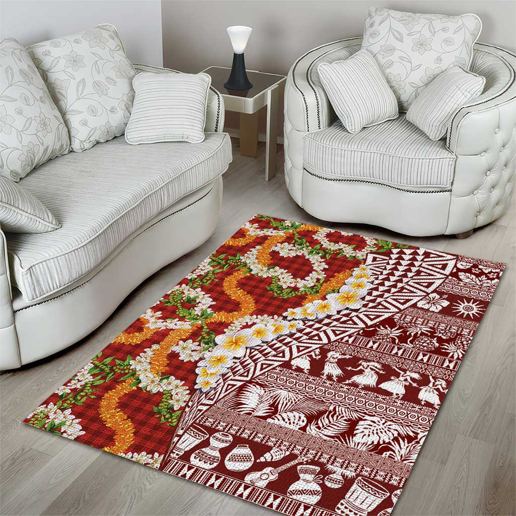Hawaiian Plumeria Lei Area Rug Kakau Motifs and Palaka Half Style Red Color - Polynesian Pride