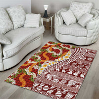 Hawaiian Plumeria Lei Area Rug Kakau Motifs and Palaka Half Style Red Color - Polynesian Pride