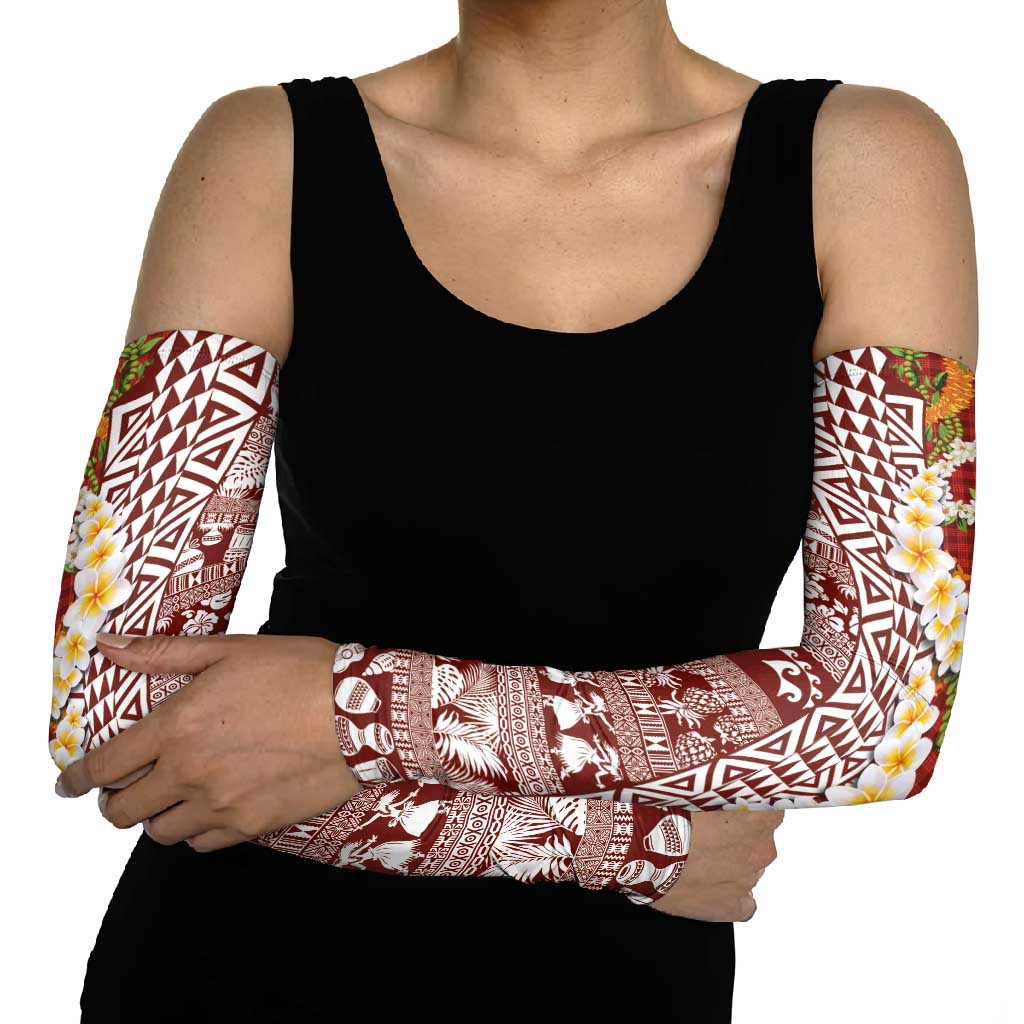 Hawaiian Plumeria Lei Arm Sleeves Kakau Motifs and Palaka Half Style Red Color LT03 - Polynesian Pride
