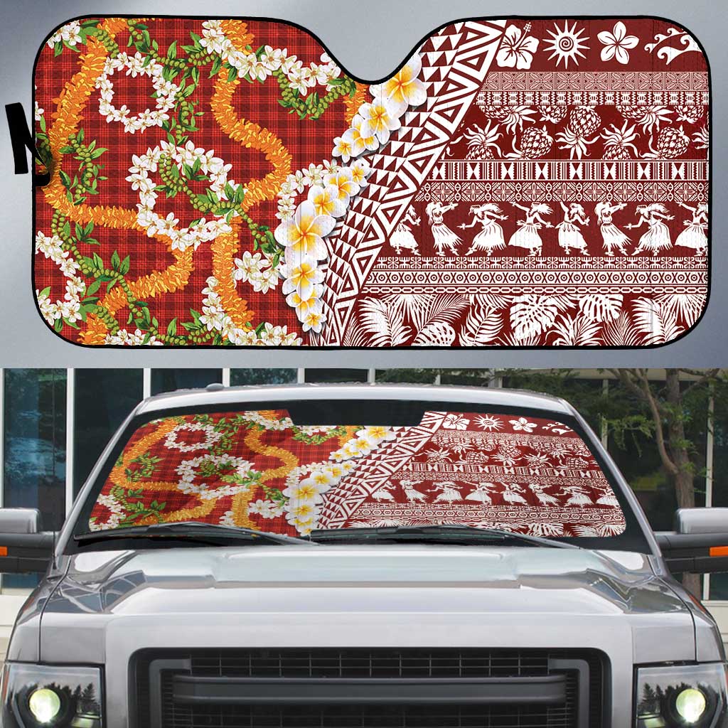 Hawaiian Plumeria Lei Auto Sun Shade Kakau Motifs and Palaka Half Style Red Color - Polynesian Pride