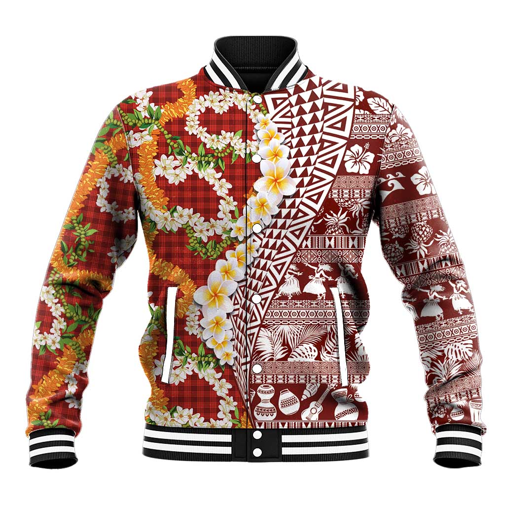 Hawaiian Plumeria Lei Baseball Jacket Kakau Motifs and Palaka Half Style Red Color LT03 Unisex Red - Polynesian Pride