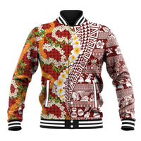 Hawaiian Plumeria Lei Baseball Jacket Kakau Motifs and Palaka Half Style Red Color LT03 Unisex Red - Polynesian Pride